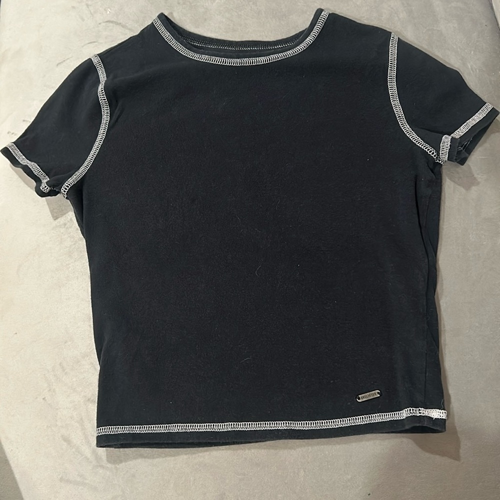 Hollister black baby tee with white stitching, size x small women’s